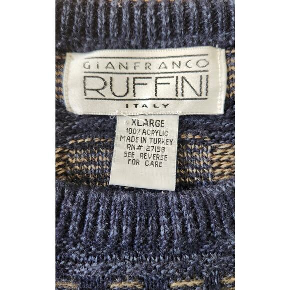 Vintage 90s Gianfranco Ruffini Blue Geometric Retro Long Sleeve Sweater Men XL - Picture 4 of 5